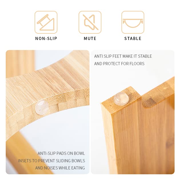 FOREYY Raised Pet Bowls for Small and Medium Dogs, Bamboo Elevated Dog Cat Food and Water Bowls Stand Feeder with 2 Stainless Steel Bowls and Anti Slip Feet (New 7&#39;&#39; Tall)