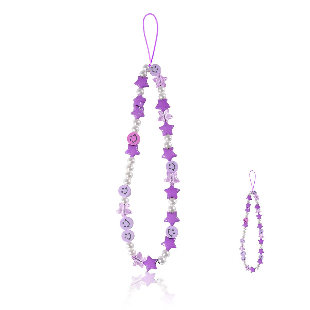 Phone Charm Lanyard, 1Pcs Smiley Face Beaded Phone Charm Strap Colorful Star Smiley Soft Ceramic Keychain for Women Girls (Purple)