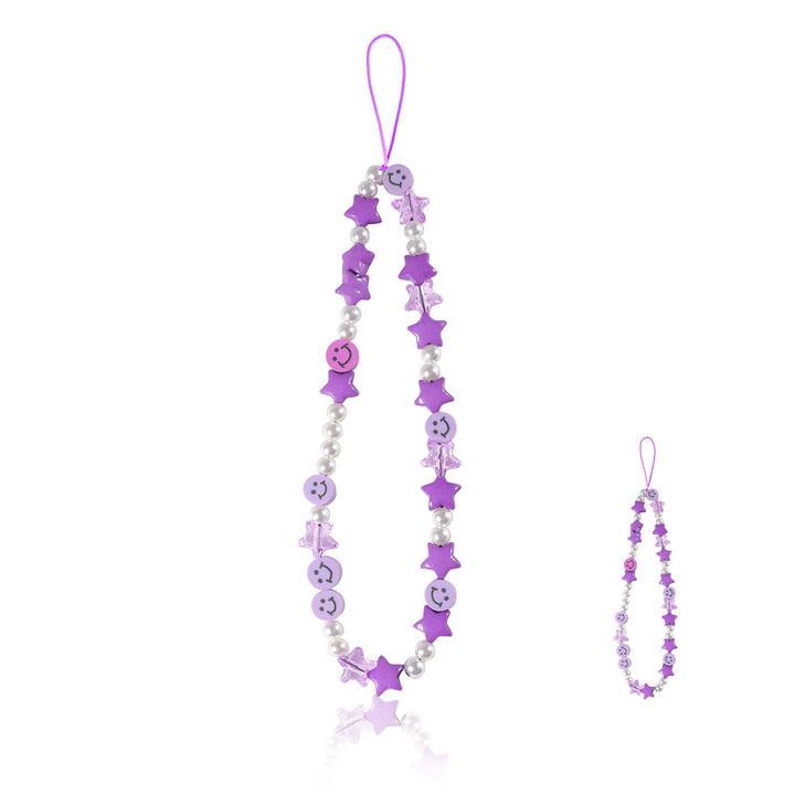 Phone Charm Lanyard, 1Pcs Smiley Face Beaded Phone Charm Strap Colorful Star Smiley Soft Ceramic Keychain for Women Girls (Purple)