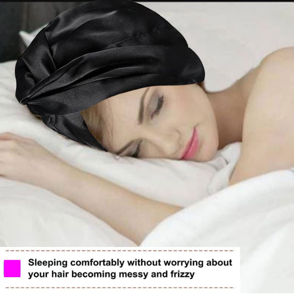 2021 New Silk Sleeping Cap for Women Hair Care Hair Cap, Imitation Silk Night Hair Bonnet for Sleeping, Double Layer Silky Head Scarf Hat for Sleeping with Elastic Band (Black)