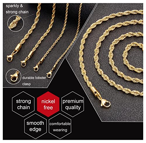 Gold Plated Necklace for Men 2.5MM 28 Inches Stainless Steel Twist Rope Chain for Women Mens