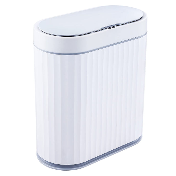 Bathroom Trash Can - 9.5 litres Waterproof Sensor Trash Can, 2.5 Gallon Motion Sensor Trash Can, Slim Garbage Bin for Narrow Kitchen and Office Use, White with Grey Trim