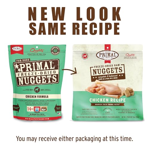 Primal Freeze Dried Dog Food Nuggets, Chicken; Complete Balanced Meal, Topper or Treat; Premium, Healthy, Grain Free, High Protein Raw Dog Food, 14 oz