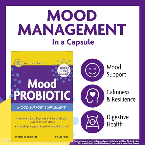 Mood Probiotic Supplement - Clinically Studied Digestive & Mood Probiotics for Women and Men with Lactobacillus helveticus Rosell-52ND & Bifidobacterium longum Rosell-175, 60 Capsules