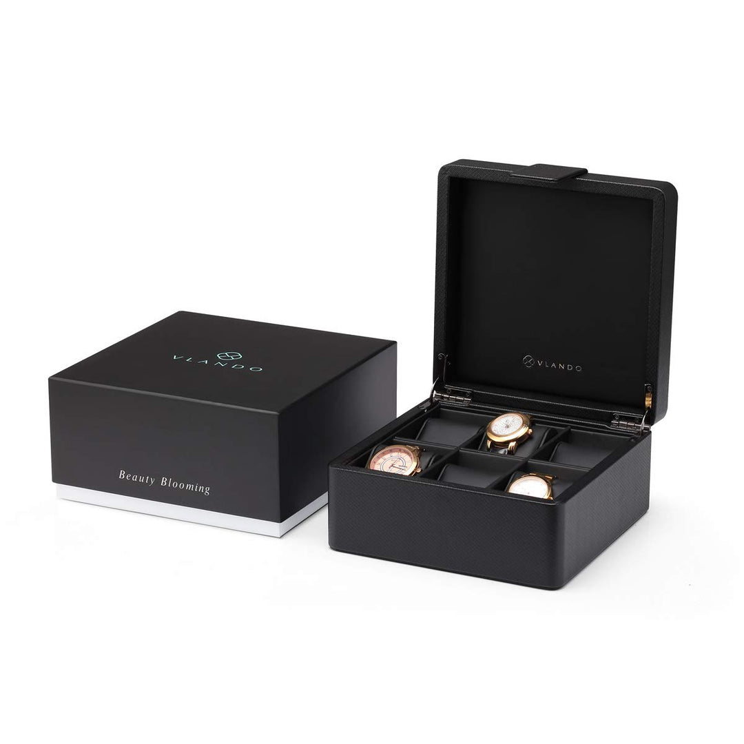 6-Slot Watch Box Organizer Collector - Wooden Case and Snap Fastener Closure - Gift Packing, Black