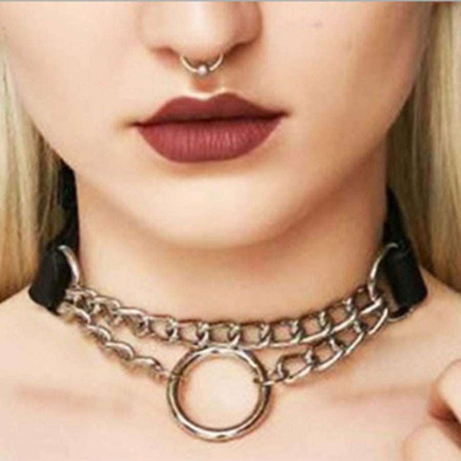 Goth Leather Choker Necklace Black Punk Ring Circle Laryered Chain Necklaces for Women and Girls