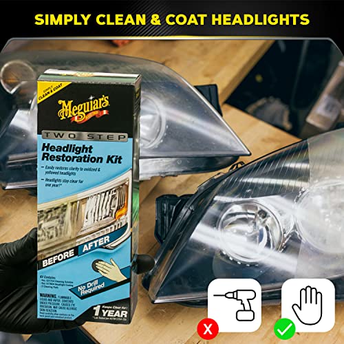 Meguiar&#39;s Two Step Headlight Restoration Kit, Headlight Cleaner Restores Clear Car Plastic and Protects from Re-Oxidation, Includes Headlight Coating and Cleaning Solution - 4 Count (1 Pack)