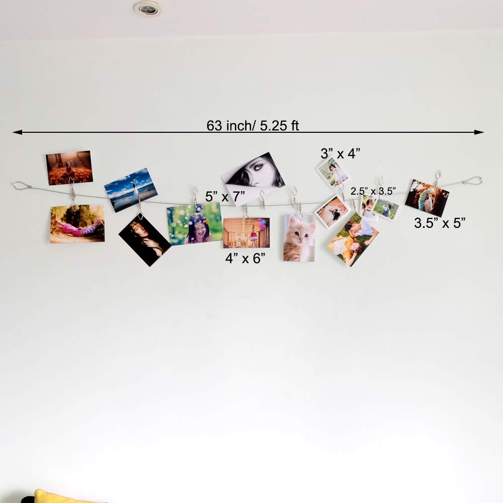 Multi-Purpose Steel Wall Hanging Photo Display Cable Wire Rod with 12 Adjustable Clips for Hanging Photos Notes Postcard and Artworks (Rhombus)