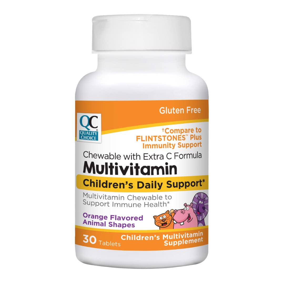 Quality Choice, Chewable Animal Shaped Children's Multivitamin with Extra Vitamin C, Children's Daily Support Orange Flavored Multivitamin Immune Health Supplement, 30 Count Bottle