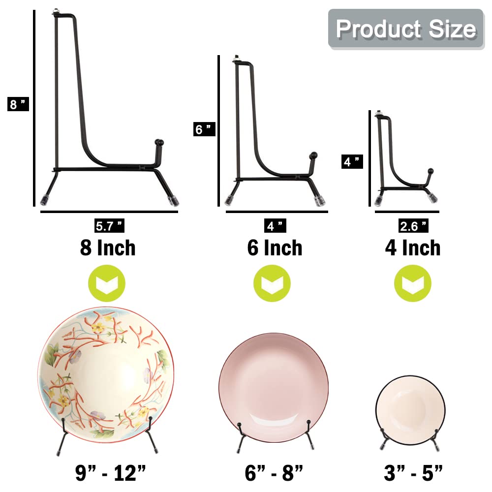 6 Pack 3 Sizes Iron Display Stand, Black Wire Iron Easel Plate Holder Dish Stand for Displaying Pictures, Decoration Plates, Books Dishes and Arts (4, 6, 8 inch)