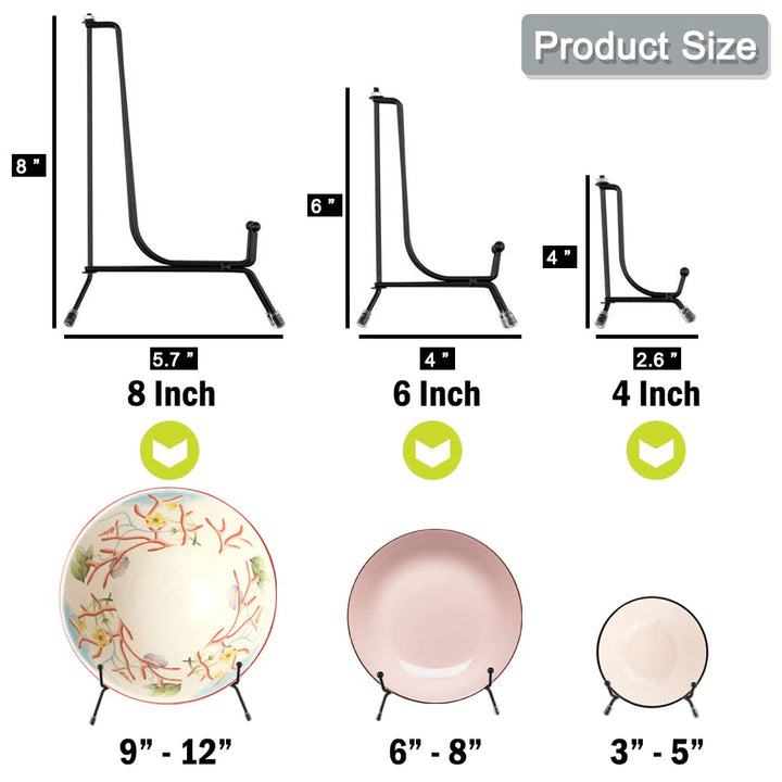 6 Pack 3 Sizes Iron Display Stand, Black Wire Iron Easel Plate Holder Dish Stand for Displaying Pictures, Decoration Plates, Books Dishes and Arts (4, 6, 8 inch)