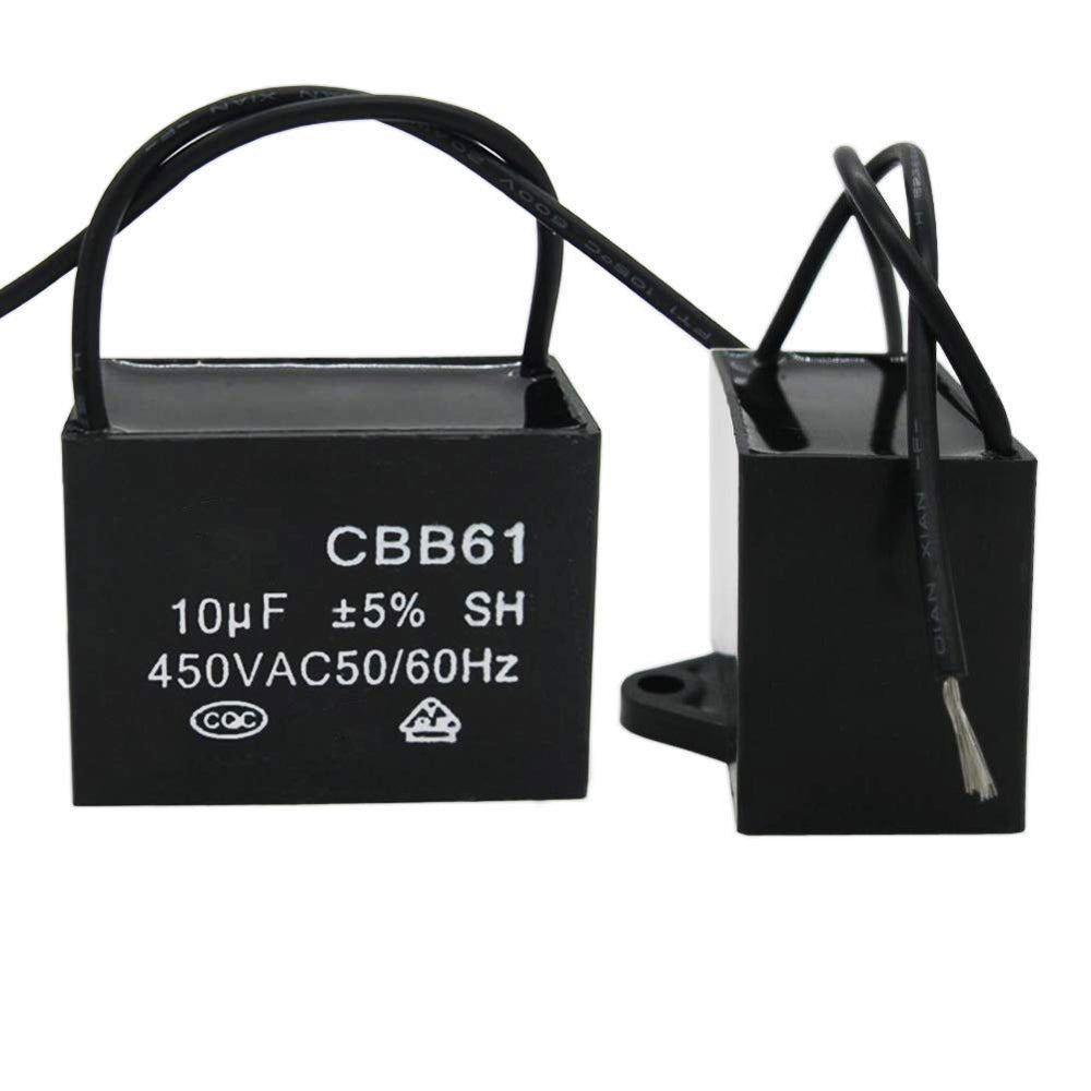 /2Pcs 450V AC 50/60Hz Run Capacitor 2-Wire Metallized Polypropylene Film Capacitors for Ceiling Fan Motor Start Run 10uf CBB61-10