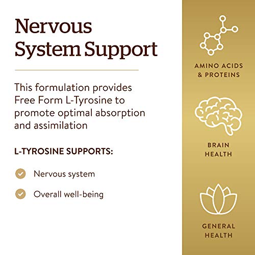 Solgar L-Tyrosine 500 mg, 100 Vegetable Capsules - Brain &amp; Nervous System Support - Vegan, Gluten Free, Dairy Free, Kosher - 100 Servings ,Standard Packaging