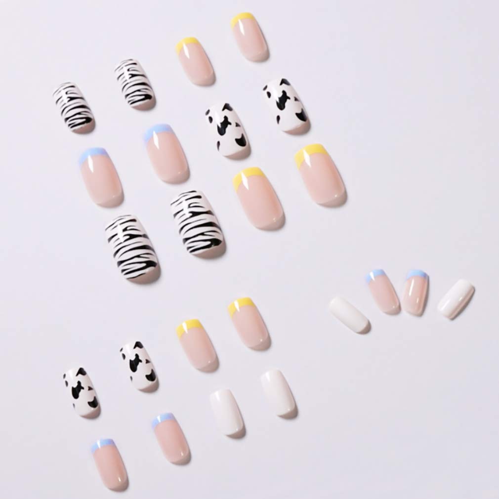 Square Press on Nails, 24Pcs Cute Fake Nails Glossy Acrylic False Nails with Design for Women and Girls