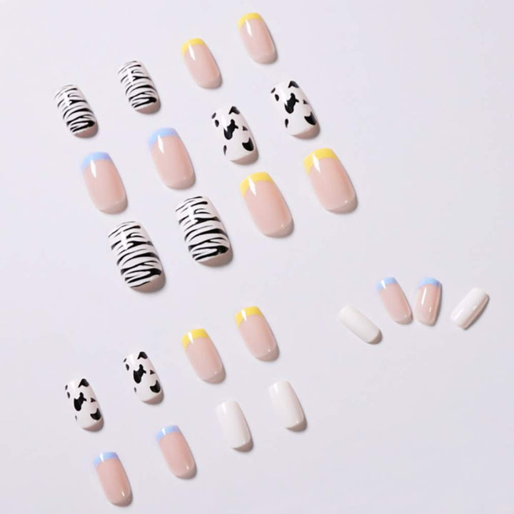 Square Press on Nails, 24Pcs Cute Fake Nails Glossy Acrylic False Nails with Design for Women and Girls