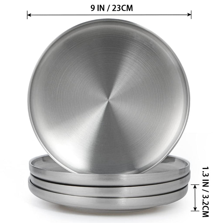 304 Stainless Steel Dinner Plates, 9 Double Layered Serving Plates, Brushed Metal Dishes for Camping, BBQ, Steak, Salad, Snack, Pack of 4