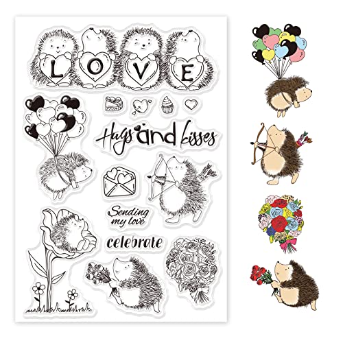 Hedgehog and Rose Silicone Clear Stamps Love Transparent Stamps Valentine's Day Clear Stamps for Birthday Valentine's Day Cards Making DIY Scrapbooking Photo Album Decoration Paper Craft