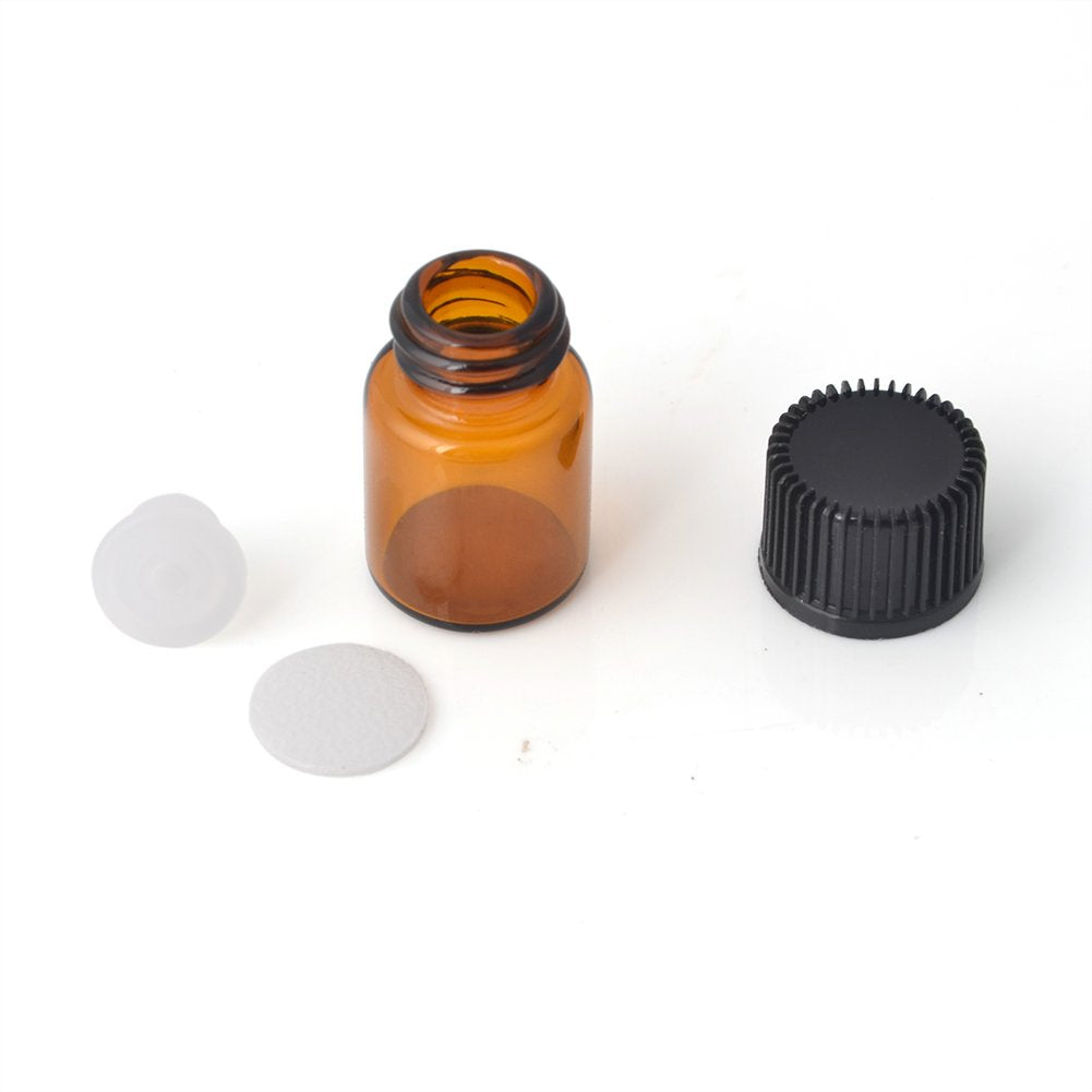 Mini Essential Oil Bottles Empty Sample bottle 1ml(1/4 dram) 2ml (5/8 dram) Amber Glass Bottle with Orifice Reducer and cap, With 2 Free Transfer Eye droppers(50 Pcs) (2ml)