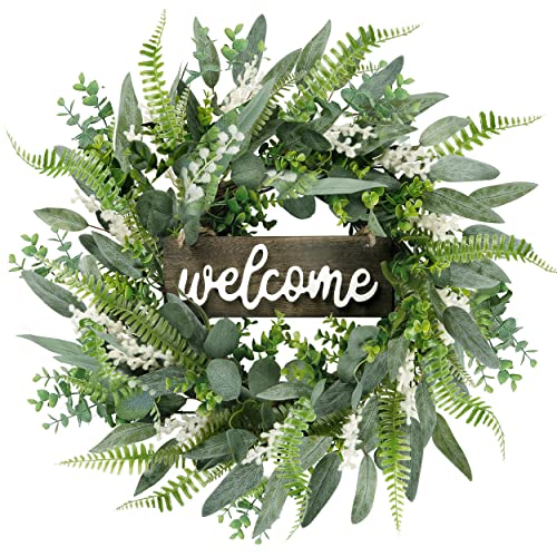 Green Eucalyptus Wreath with Welcome Sign 18in Artificial Eucalyptus Wreath Mixed White Berries Spring Summer Wreath for Front Door Wall Window Farmhouse Festival Porch Patio Garden Decor