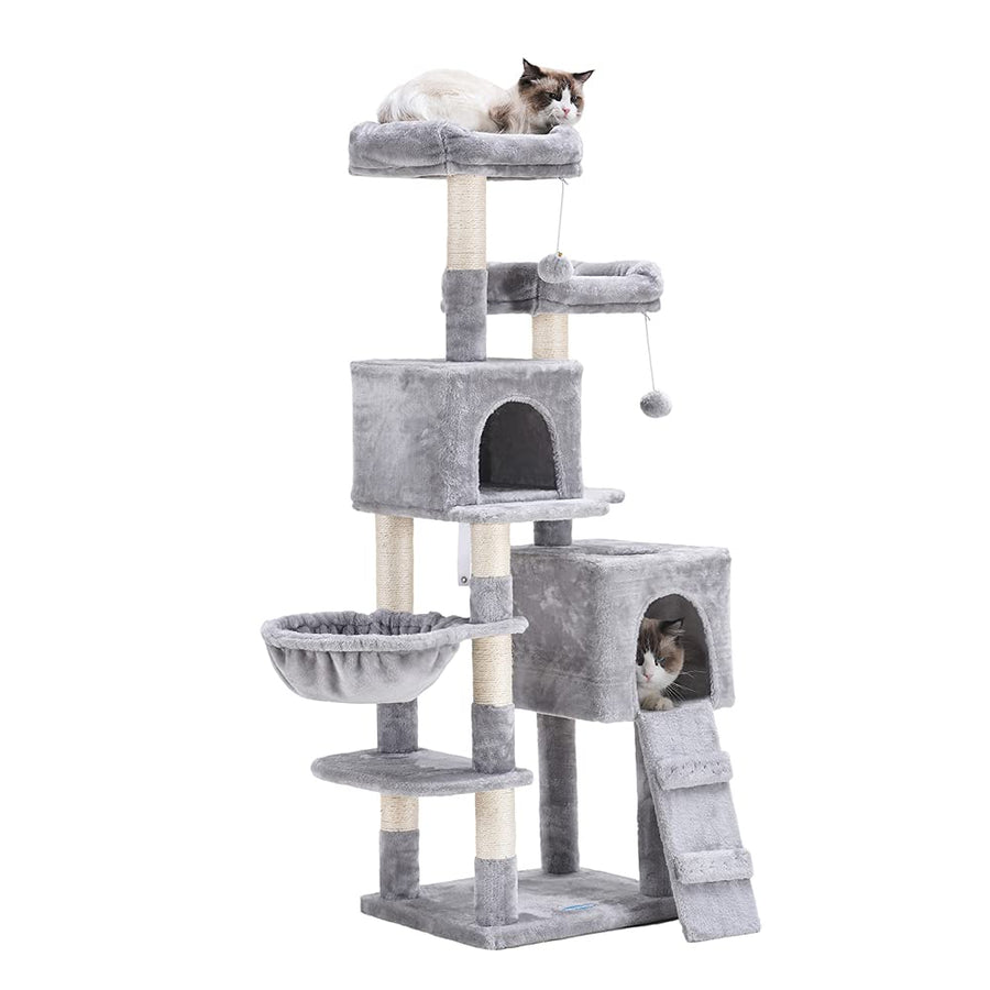58'' Multi-Level Cat Tree Condo Furniture with Sisal-Covered Scratching Posts, 2 Plush Condos, Hammock for Kittens, Cats and Pets Light Gray MPJ013W