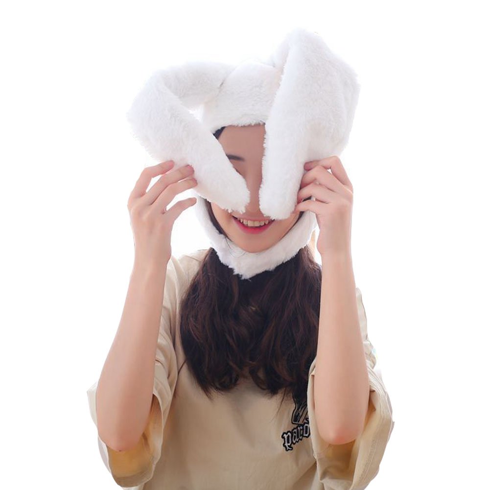 Plush Fun Bunny Ears Hood Women Costume Hats Cosplay Christmas Party Holiday Hat, White