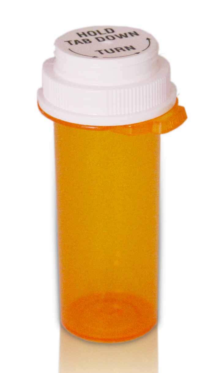 Pharmacy Vials Touch Down Cap - Reversible Push Down Bottle - Amber - 13 dram - 6 pcs (Prescription Vial, Medicine Container, Pill Bottle) by AmexDrug