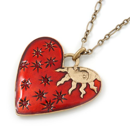Red Enamel Crystal Heart Pendant With Gold Tone Long Chain - 70cm Length/ 7cm Extension