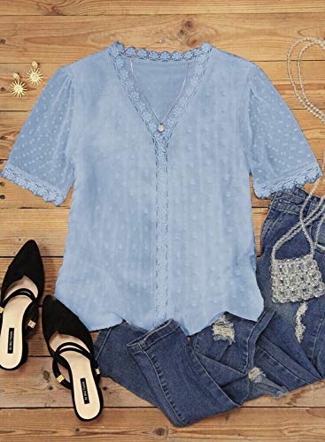 Womens Cute Tops Summer Chiffon Blouse Short Sleeve Pom Pom Jacquard Shirt Sky Blue XX-Large