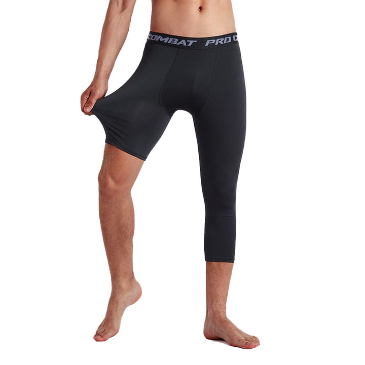 Mens 3/4 One Leg Compression Capri Tights Pants Athletic Base Layer Underwear (Black-R,M)