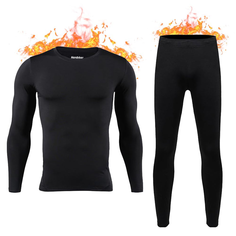 Mens Thermal Underwear Set Skiing Winter Warm Base Layers Tight Long Johns Top & Bottom Set with Fleece Lined Black