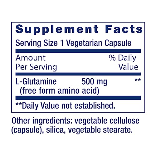 L-Glutamine, 500 mg L-glutamine, Amino Acid, Supports Muscle Health and Immune Health, Gluten-Free, Non-GMO, 100 Vegetarian Capsules