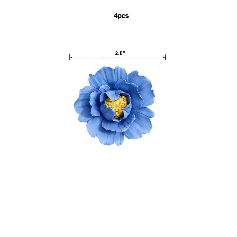 Ceramic Wall Flowers Decor Handcrafted Sculpture Home Hanging Decoration for Living Room Bedroom Blue Peony (4 Pack)