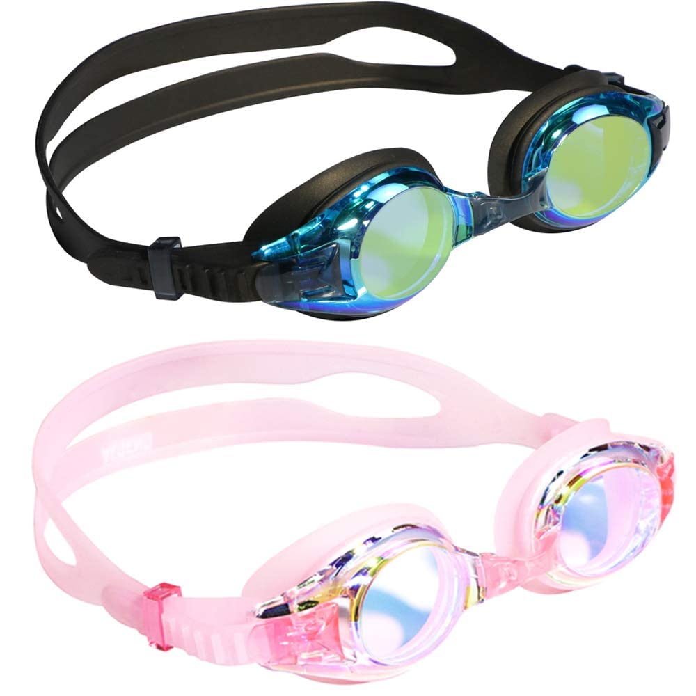 Aegend 2 Pack Kids Goggles, Swimming Goggles for Kids Age 4-16 Boys and Girls Youth, Anti-Fog Pool Goggles, Blue Black & Crisp Pink