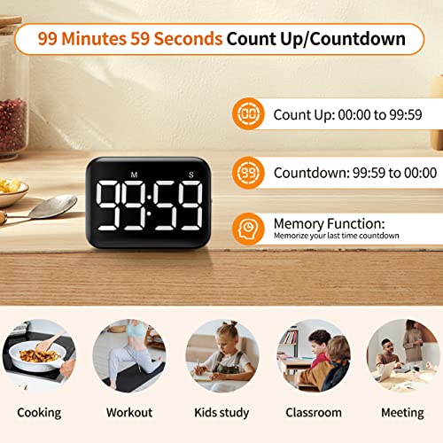 Magnetic Kitchen Timer for Cooking with Count Up Countdown, Digital Timer Battery Powered with Large Display, 2 Brightness and Volume Levels for Classroom, Teacher, Kids