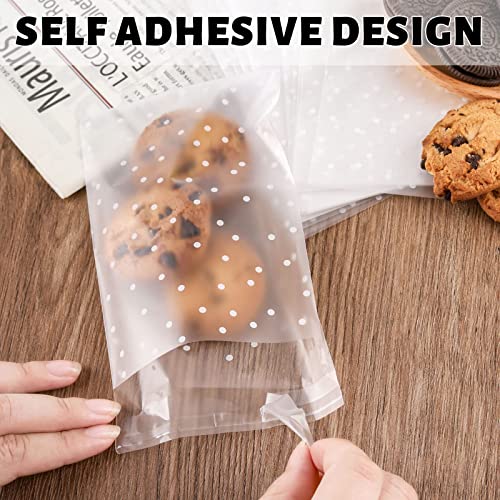 NPLUX 200PACK Self Sealing Cellophane Bags Cookie Bags for Gift Giving Clear Treat Bags with Stickers(White Polka Dot,5.5x5.5 INCH)