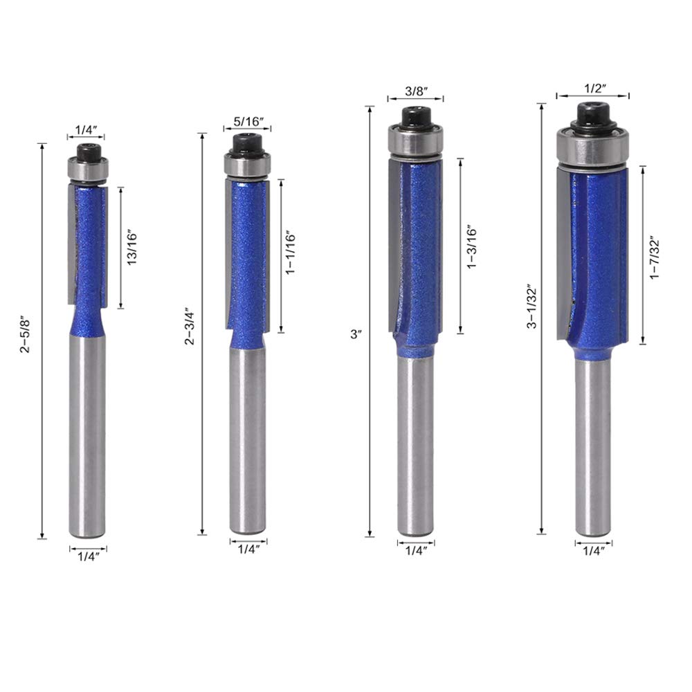 4PCS Flush Trim Router Bit Set 1/4 Inch Shank Top Bearing Flush Trim Router Bit