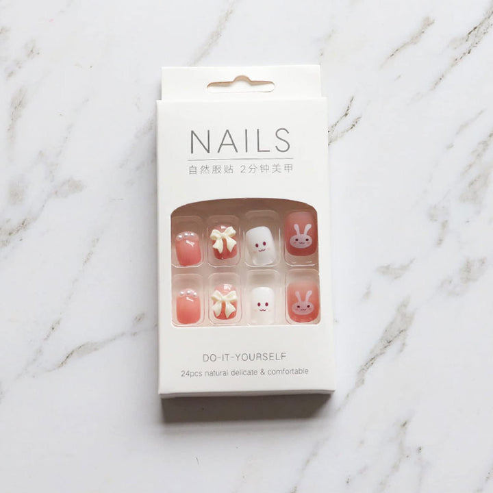 Cute Bunny Fake Press on Nails for Women Kid Cute Rabbit Fake Nails Pre-glue Short Full Cover False Nail Tips Stick on Nails Lovely Gift Girls Nail Art Decoration -Pink