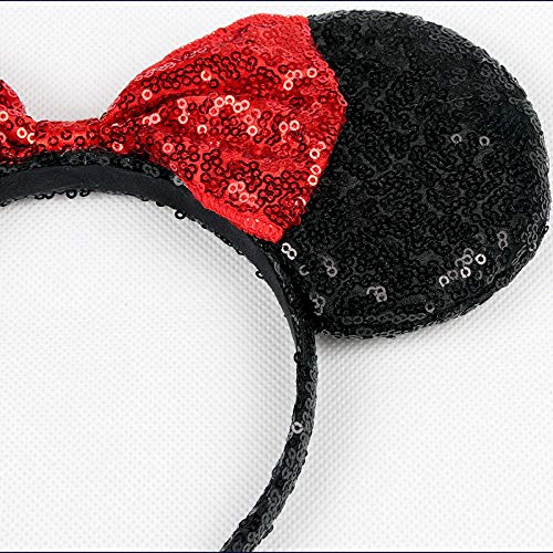 Sequin Black Mouse Ears Headband MM Glitter Hair Clasp Adults Women Butterfly Hair Hoop Birthday Party Holiday Park Photo Supply (Black and Red)