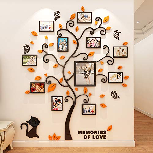 3D Black Trunk Orange Yellow Leaves Wall Stickers Family Tree Decal DIY Decor Sticker with Four DIY Vertical Bars Photo Frames Home Decor (Yellow, M)