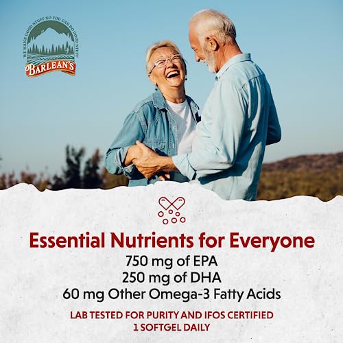 Barlean&#39;s Ideal Omega 3 Fish Oil Supplement, 1,000 mg Softgels, Pharmaceutical Grade EPA &amp; DHA for Brain, Joint, &amp; Heart Health, Orange Flavor, 60 ct