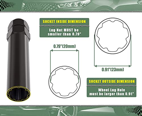 7 Spline Lug Nuts Key Tuner Large Socket Lugnuts Tool for Wrench with 13/16inch(21mm) and 7/8inch(22mm) Hex Replacement 14x1.5 14x2 9/16 Wheel Lug Nut Drive Lock Black 20mm Inner Diameter