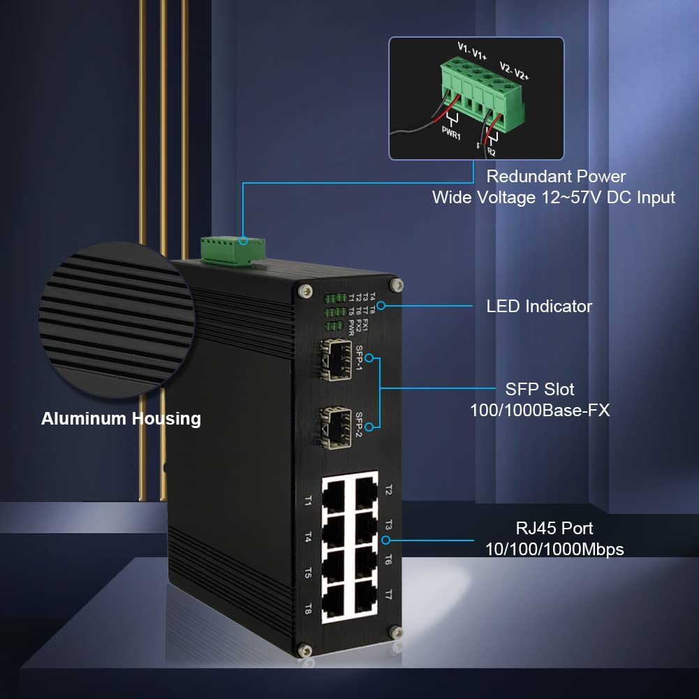 Industrial 8-Port Gigabit Ethernet Switch DIN Rail Mount 8 Port RJ45 10/100/1000Mbps Unmanaged DIN-Rail Switch Hardened 10 Ports Ethernet Fiber Switch with 2 SFP Fiber Ports