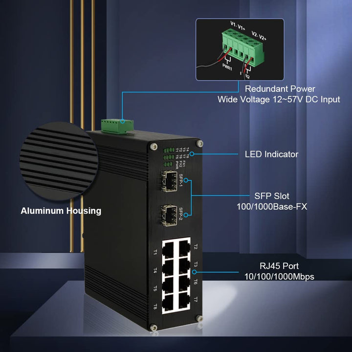 Industrial 8-Port Gigabit Ethernet Switch DIN Rail Mount 8 Port RJ45 10/100/1000Mbps Unmanaged DIN-Rail Switch Hardened 10 Ports Ethernet Fiber Switch with 2 SFP Fiber Ports