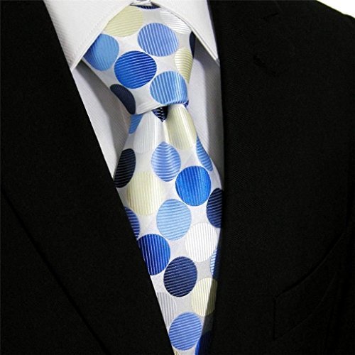 Classic Corporate Executive Wardrobe Accessory, Navy Blue, Sky Blue, Midnight Blue and Beige Polka Dot 3.4 Handmade Silk Classic Jacquard Men's Tie (Necktie)
