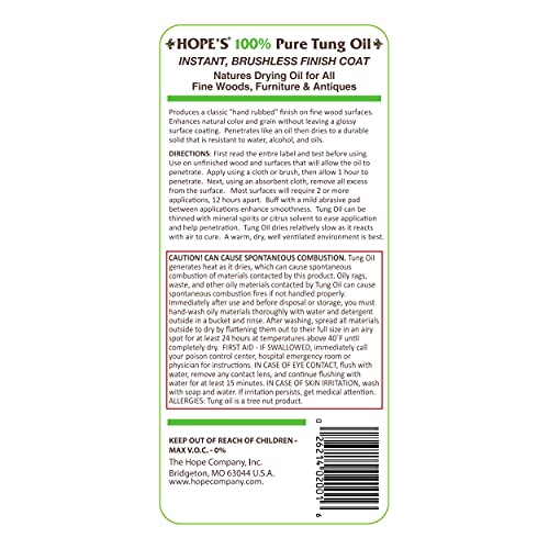 HOPE'S 100% Pure Tung Oil, Food Safe, Premium Water