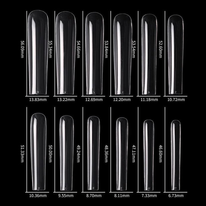 Acrylic 3XL Full Cover Square Nail Tips, 12 Sizes, 360pcs, Clear, Glossy Finish