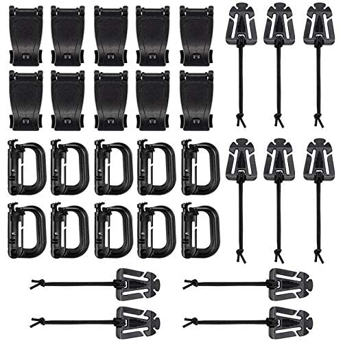 Kit of 30 Attachments for Molle Bag Tactical Backpack Vest Belt,D-Ring Grimloc Locking Gear Clip, Web Dominator Elastic Strings, Strap Management Tool Buckle