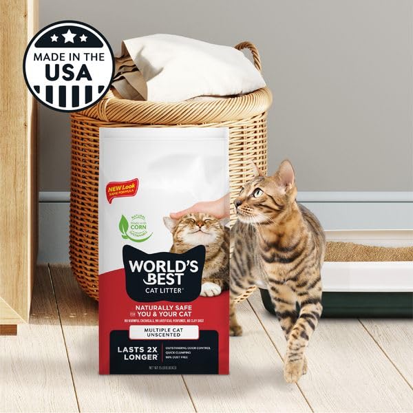 WORLD&#39;S BEST CAT LITTER Multiple Cat Unscented, 32-Pounds - Natural Ingredients, Quick Clumping, Flushable, 99% Dust Free &amp; Made in USA - Long-Lasting Odor Control &amp; Easy Scooping