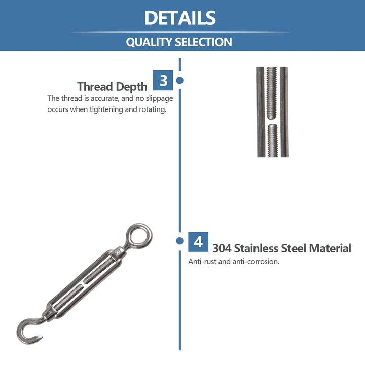 M4 Turnbuckle Hook and Eye 304 Stainless Steel Wire Rope Tensioner, 6Pcs