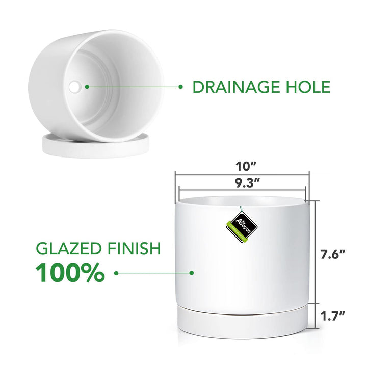 10 inch Ceramic Planter Pot with Drainage Hole &amp; Saucer, Glazed Mid Century Modern Large Cylinder Plants Pot for Indoor Outdoor Decorative Flower Fiddle Leaf Fig Pots (10 Matte White)